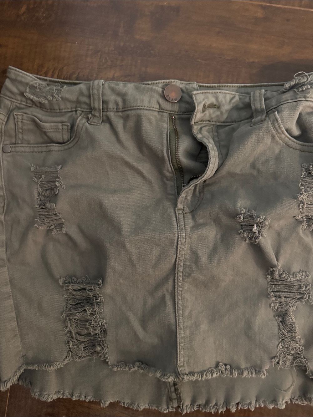 Elan Olive Green Distressed Denim Mini Skirt